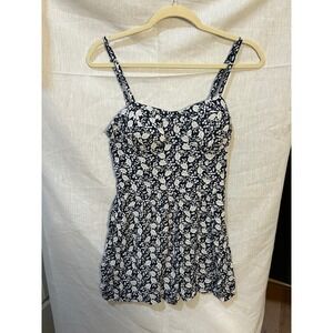 Lily Rose Floral Print Smocked Bodice Romper Navy White Prairie Floral Bra Lined